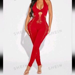 Sexy Cut Out Backless Halter Neck Unitard Jumpsuit